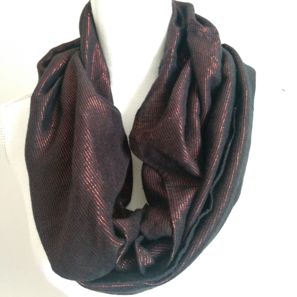 Evening Infinity Scarf Black with Subtle Cherry Red Metallic Shimmer Circle Loop
